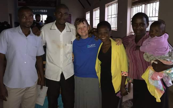 Karen Cahall with teachers in Uganda.
